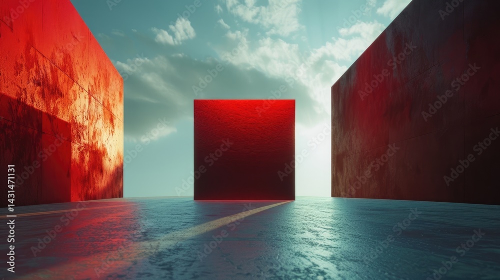 Poster abstract glowing cube structure in sci-fi landscape at sunset. digital artwork of 3d rendering of cu