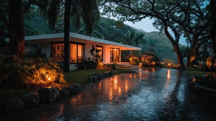 Tropical Modern Home at Dusk