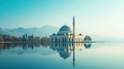 Naklejka premium Serene Mosque by the Lake: A Peaceful, Blue-toned Landscape