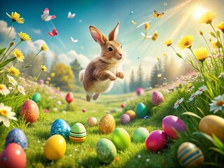 Cheerful Easter Bunny in Spring Meadow with Colorful Eggs - Perfect for Easter Greetings