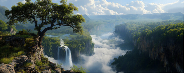 Majestic waterfall cascades lush green canyon nature photography serene environment panoramic view tranquil beauty