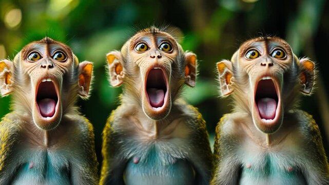 Three monkeys expressing surprise in a lush jungle setting