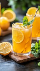 Fototapeta premium Refreshing Iced Tea with Lemon Summer Picnic Beverage Photography Outdoor Setting Close-up View Refreshment Concept
