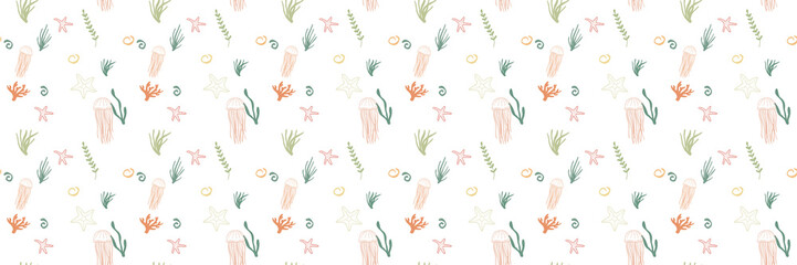 Seamless pattern of pastel-colored jellyfish, coral, seaweed, and shells on a light gray background. Whimsical and repeating underwater life design.