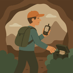 Geologist with backpack exploring cave using GPS device and discovering geocache with geological surveys inside