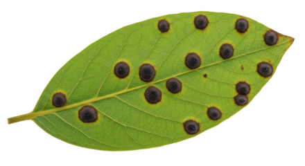 Damaged leaf with dark spots, isolated on black. Veins visible in green