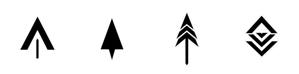 Vector illustration featuring four distinct black and white arrow icons with various designs and styles for graphical use