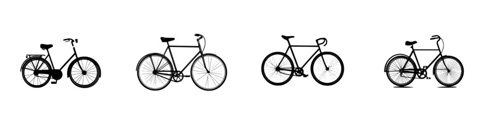 Different styles of bicycles depicted in black and white vector illustration showing various designs and shapes for cycling enthusiasts