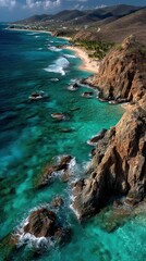 Turquoise Coastline. Rocky Shoreline, Tropical Beach, Ocean Waves