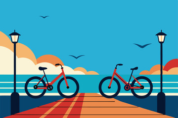 Fototapeta premium bicycles-parked-on-a-boardwalk-by-the-sea--