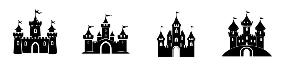 Obraz premium Vector illustration of four black and white castle icons representing different architectural styles in a playful format