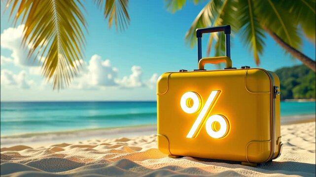 Golden glowing sign percentage And yellow suitcase on seashore with tropical palm trees in light sun, ocean sunset background. Hot summer sale and discounts, burning tour banner, flyer. 