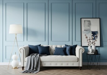 Living room interior with couch, pillows, blanket, lamp and art on the wall