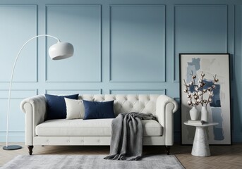 Living room with tufted sofa, floor lamp, and cotton stems on marble table