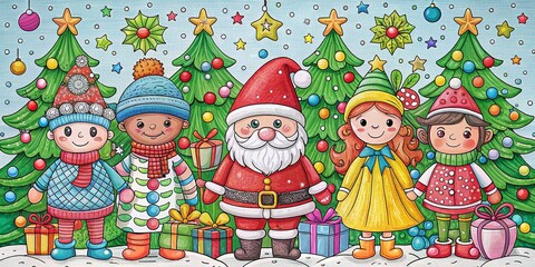 Christmas Coloring Page: Spot the Difference Game with Festive Characters