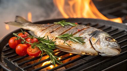 A whole sea bream is being grilled, decorated with rosemary sprigs and cherry tomatoes, against a bright flame. Mediterranean cuisine, cooking fresh fish over an open fire.