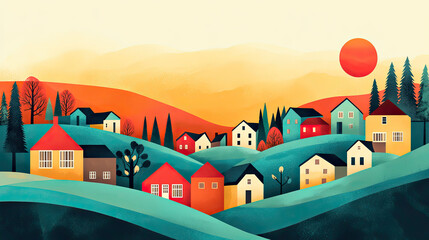 Scenic Village with Traditional Houses, Trees, and Rolling Hills in a Colorful Countryside Landscape.