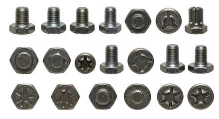 Group of metallic fastener objects arranged against a black background in clear detail