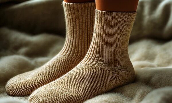 Cozy close-up of warm, knitted socks on a soft, textured blanket in a serene indoor setting