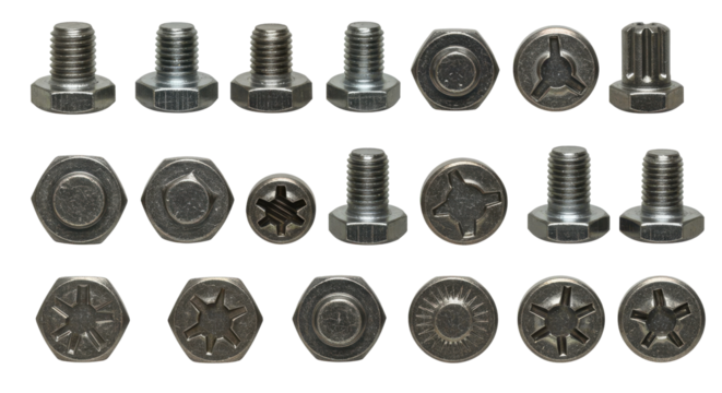 Group of metallic fastener objects arranged against a black background in clear detail