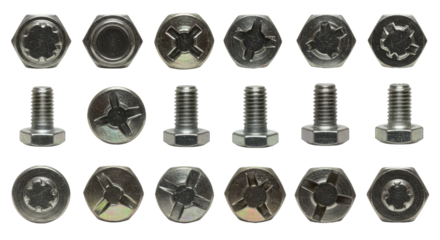 Collection of screws and bolts. Variety of heads. Shiny. Uniformly lit on dark backdrop