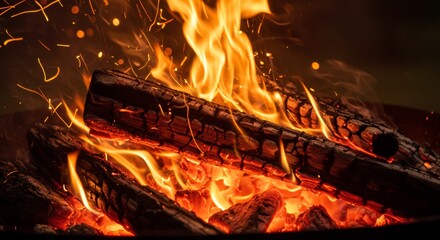 A bright flame engulfs the burning logs in the hearth, scattering sparks in the darkness. Warmth and comfort from an open fire, evening gatherings by the fire, a symbol of home and communication.