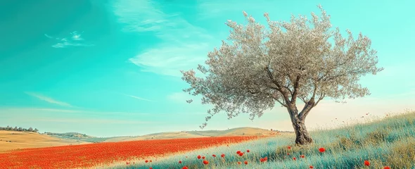 Fototapete Solitary tree in bloom amidst a vibrant poppy field under a bright, blue sky. Serene landscape © farisky