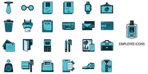 Employee simple concept 24 color icons set. Contains such workplace, workspace, computer, team, office, desk, lamp, employee .Vector illustration.