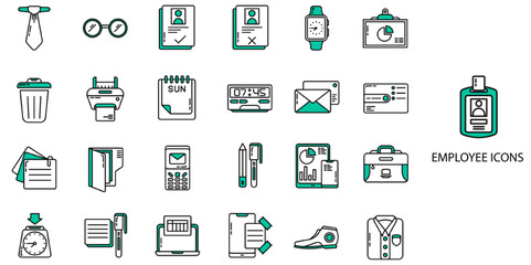 Employee simple concept 24 color icons set. Contains such workplace, workspace, computer, team, office, desk, lamp, employee .Vector illustration.