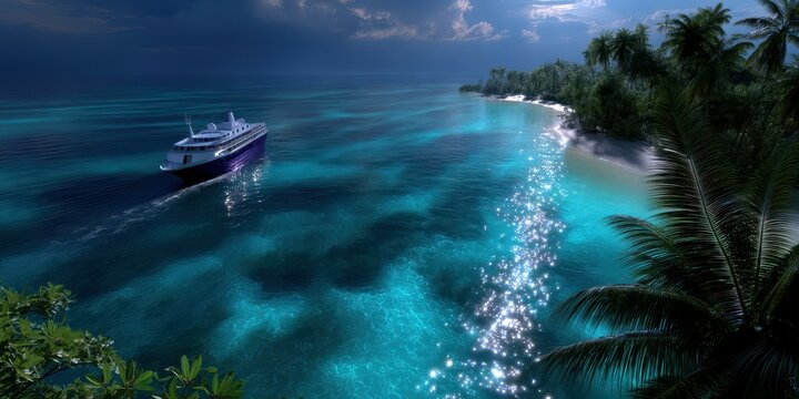 Luxury yacht cruising through crystal clear waters near a tropical beach at dusk