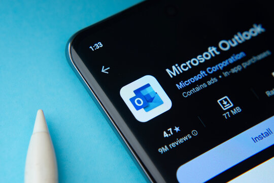 Dhaka, Bangladesh- 17 March 2025: The microsoft outlook app from Google Playstore is displayed on a smartphone screen.