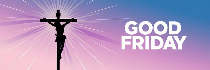 Silhouette of Jesus Christ crucified on a hill radiating golden divine light against a dramatic sky with bold GOOD FRIDAY text below symbolizing sacrifice redemption and solemn spiritual reflection