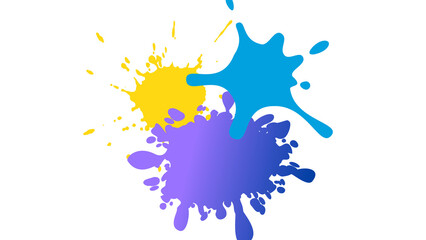 Three distinct paint splashes in yellow, blue, and purple, with some overlap.