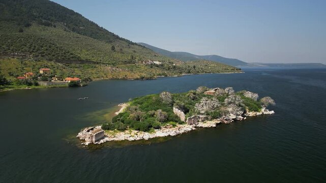 Island ruins in Bafa Lake with rising aerial perspective
