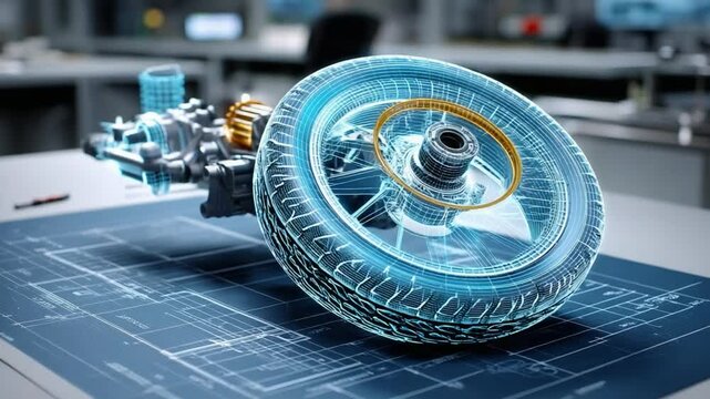 Transparent Wheel Model:  A transparent 3D model of a car wheel  with the internal workings on a blueprint. the image shows the detail of tire design and construction with a futuristic look.
