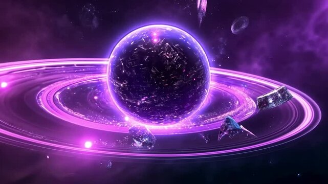 Abstract cosmic scene with glowing purple planet and rings in space
