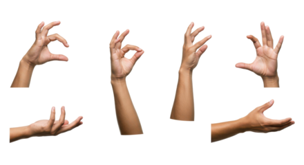 Collection of isolated arms and hands gesturing, palms, reaching on a black background