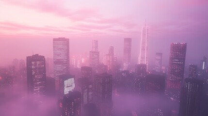 Fototapeta premium Misty Metropolis: A Dreamlike Pink Cityscape at Dawn