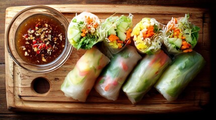 Colorful Fresh Spring Rolls Served With Dipping Sauce on a Wooden Board