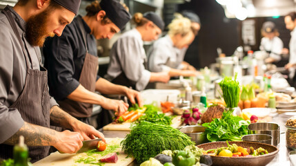 Busy professional kitchen scene with chefs prepping fresh ingredients, herbs and vegetables on table, dynamic restaurant energy