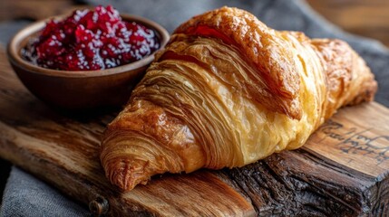 Flaky Croissant With Golden Layers Served on Rustic Wooden Board With Berry Jam