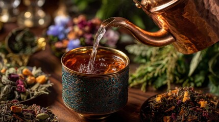 Ornate Copper Teapot Pours Steaming Herbal Tea Into a Beautifully Designed Cup