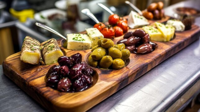 Vibrant Mediterranean Tapas Selection Featuring Olives, Cheeses, and Roasted Vegetables