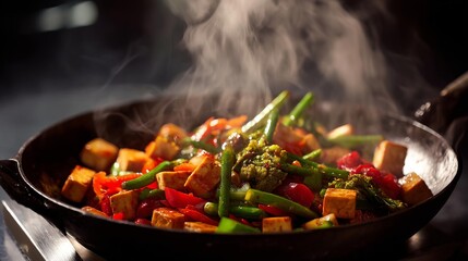 Sizzling Cast Iron Skillet Showcases Vibrant Vegetable and Tofu Stir Fry in a Cozy Kitchen