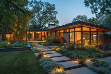 Obraz premium Modern house exterior at night with illuminated garden pathway and landscaping
