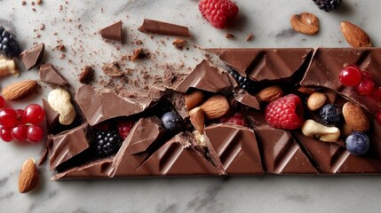 Smooth Dark Chocolate Bar Shatters on a Marble Surface With Assorted Nuts and Berries