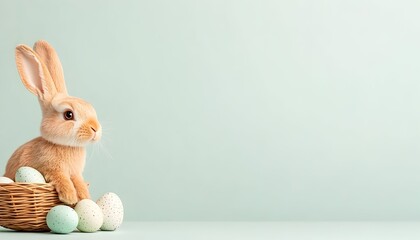 A fluffy brown bunny rabbit sits by a basket of colorful Easter eggs against a light blue background