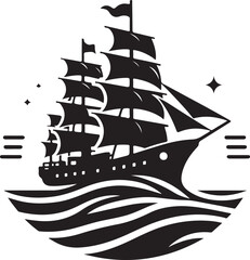 Vintage Sailing Ship Silhouette with Ocean Waves

Old Pirate Ship Illustration in Black and White

Classic Tall Ship with Sails and Birds Silhouette Art

