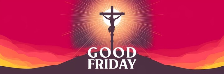 Silhouette of Jesus Christ crucified on a hill radiating golden divine light against a dramatic sky with bold GOOD FRIDAY text below symbolizing sacrifice redemption and solemn spiritual reflection