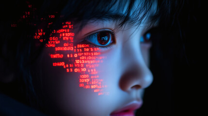 A child gazes intently as binary code glows on their cheek in a dimly lit space, symbolizing the intersection of youth and technology in modern times